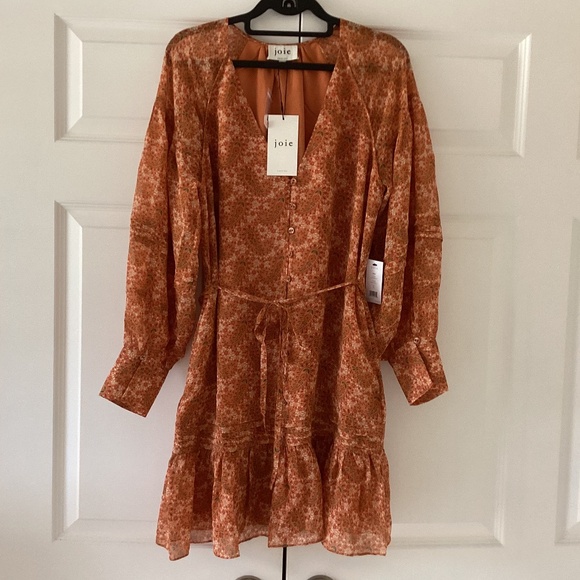 Joie 100% Silk Bree Mini Dress in Orange Caramel Multi Long Sleeve Self Belt - Picture 5 of 16